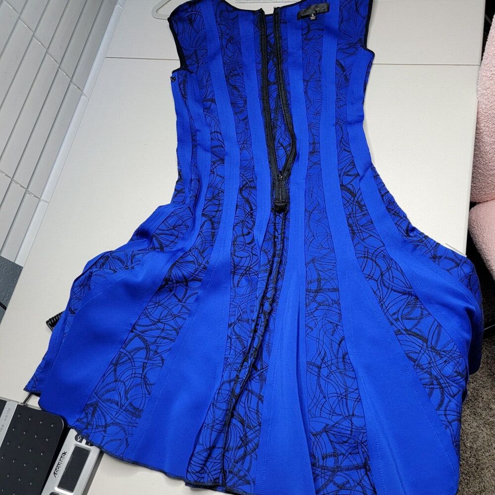 Tadashi Shoji Blue Mini Dress with Black Lace Overlay - Picture 12 of 16